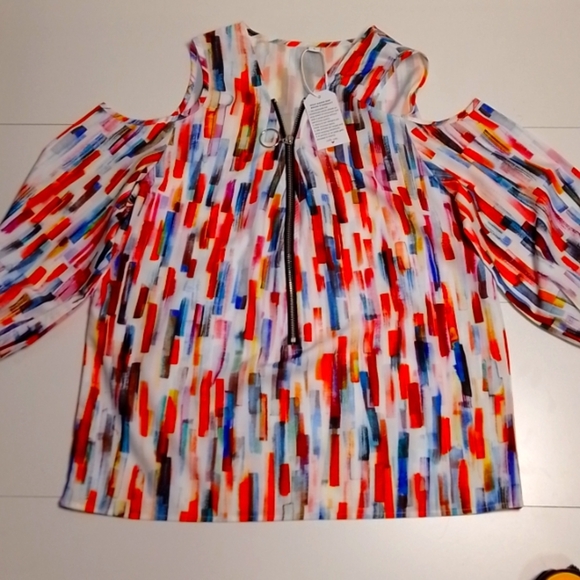 Colorful cold shoulder woman size large zip up lightweight satin feel. NWT - Picture 1 of 5